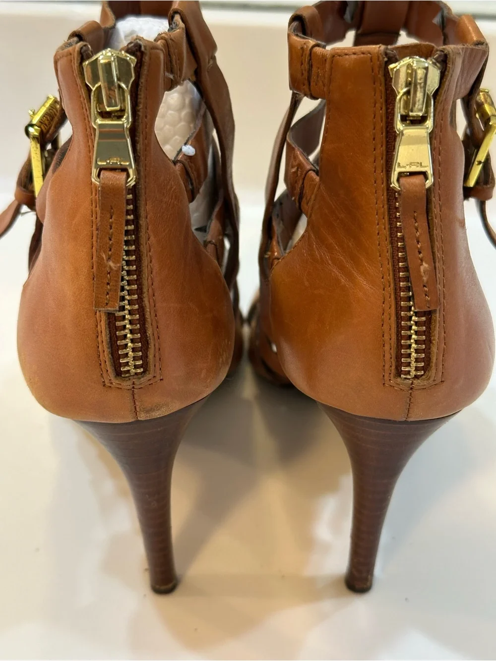Lauren Ralph Mya Strappy Cage Leather Heeled Sandals Tan/Brown - 8B 3.5”L Heel - Picture 6 of 13